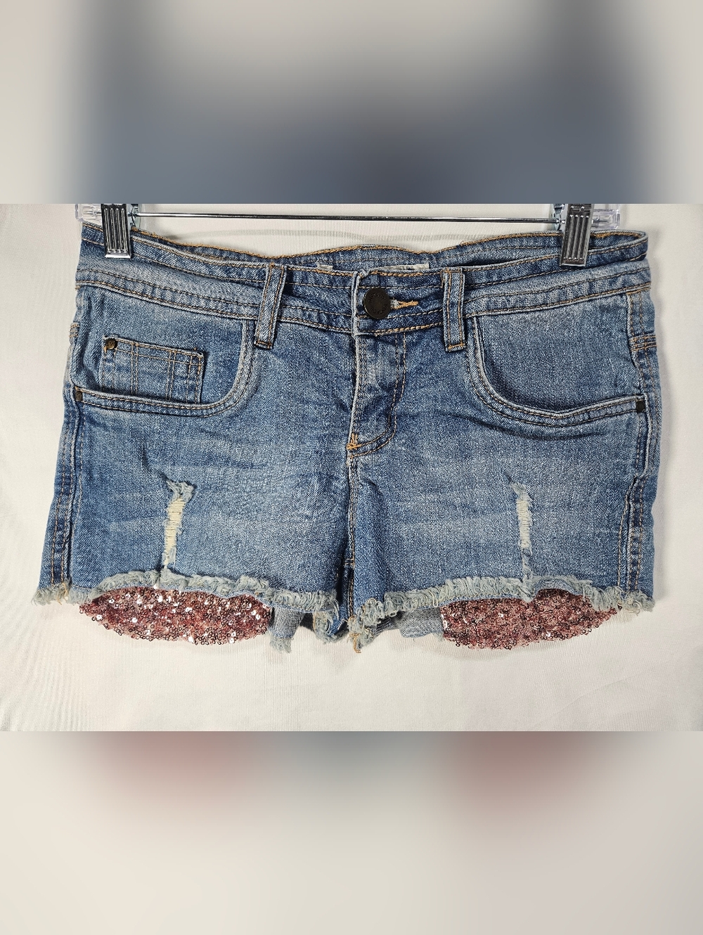 Instant Vintage Distressed Denim Shorts Sequin Hem Y2K Festival Low Rise Size 5